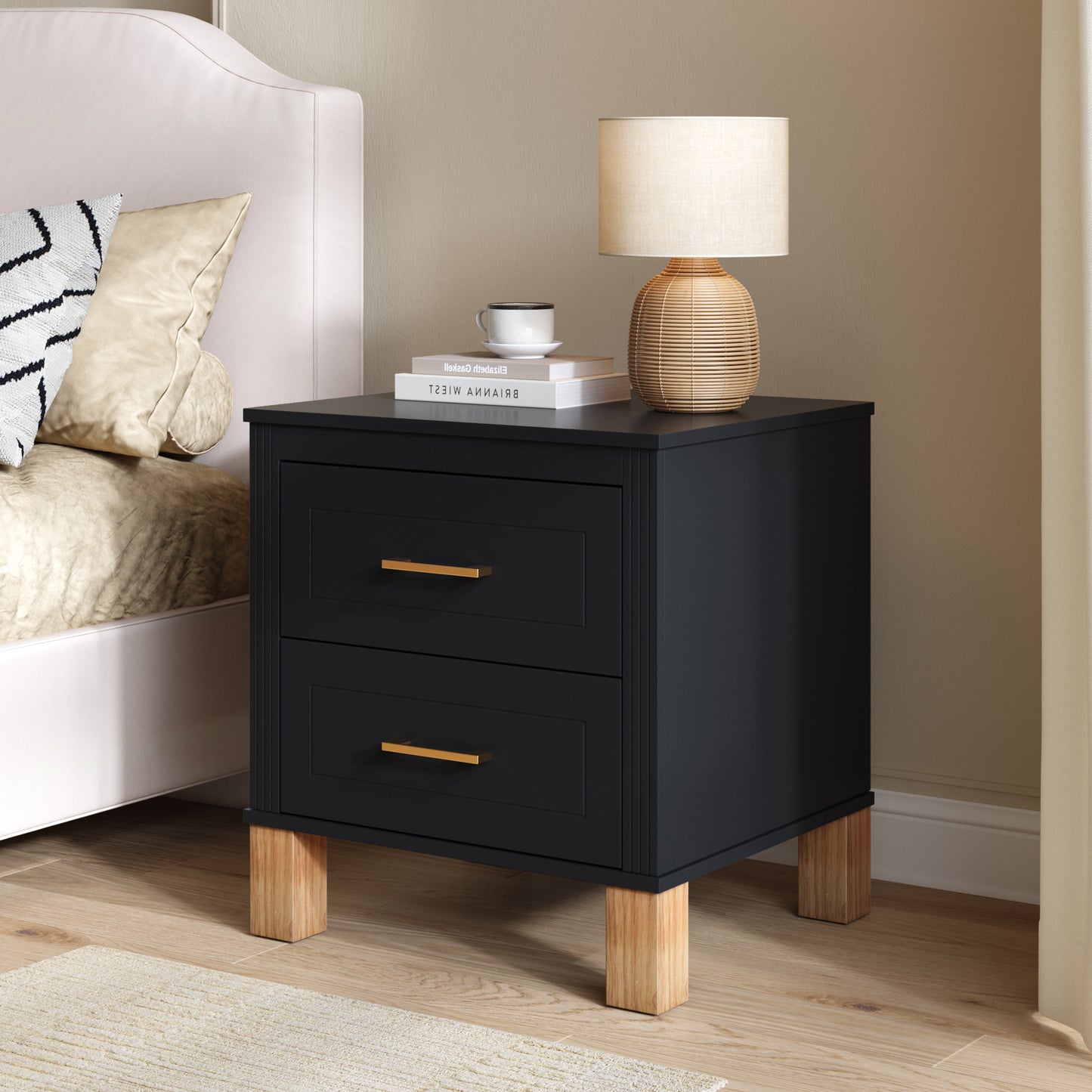2 Drawer Nightstand, Premium Wood Storage With Elegant Fluted Design, Solid Wood Legs Nightstand With Metal Handle, Tall Bedside Table For Bedroom Living Room, Black