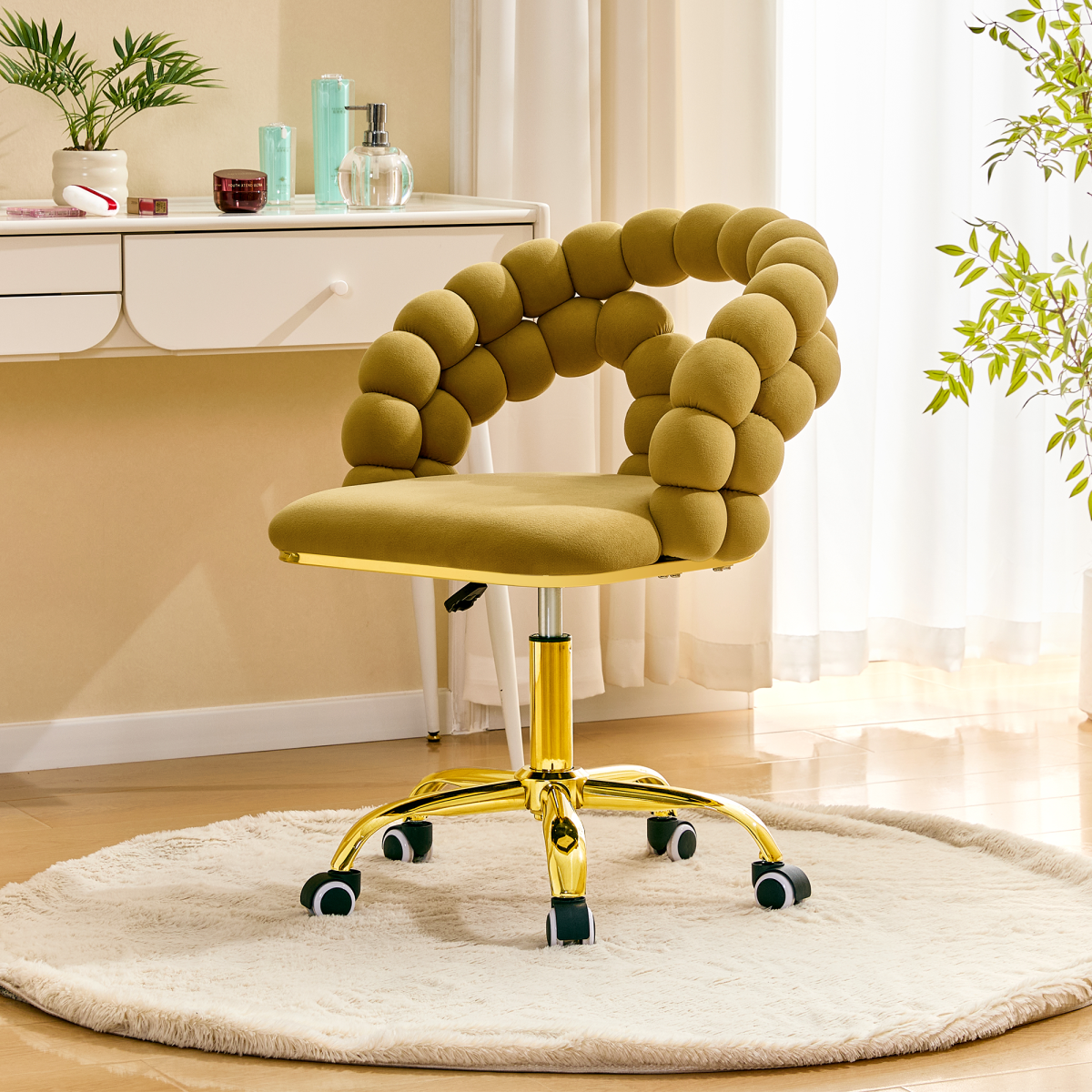 Modern Velvet Adjustable Swivel Desk Chair With Bubble Back, Upholstered Vanity Chair With Gold Metal Base, Rolling Office Chair For Home Office, Bedroom, Makeup Room, Mustard Yellow  Set Of 1