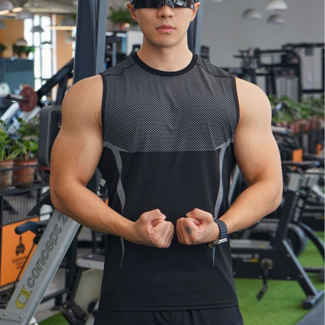 Men's Outdoor Running Training Sports Fitness Stretch Printed Breathable Solid-Color Top For Weightlifting