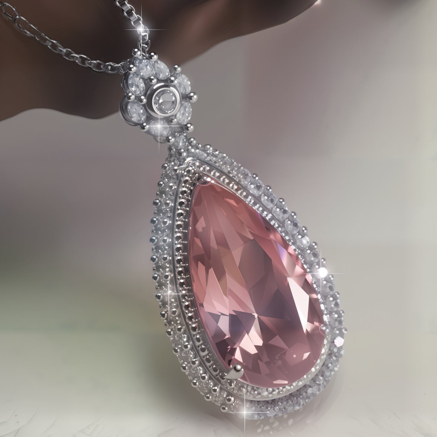 Luxury Pear Shape Pink Morganite Drop Necklace, Silver Plated CZ Halo Pendant For Anniversary & Formal Party Gifts