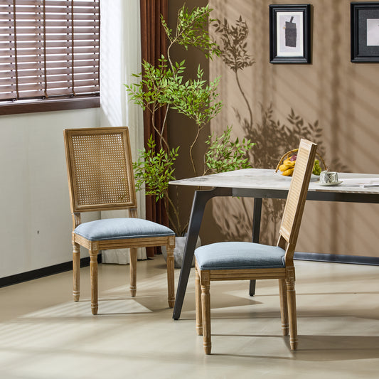 French Country Dining Chairs - Elegant Cane Backrest & Upholstered Seats With Fluted Legs - Rustic Weathered Finish - Solid Rubberwood Frame - Vintage Inspired Kitchen & Dining Room Chairs