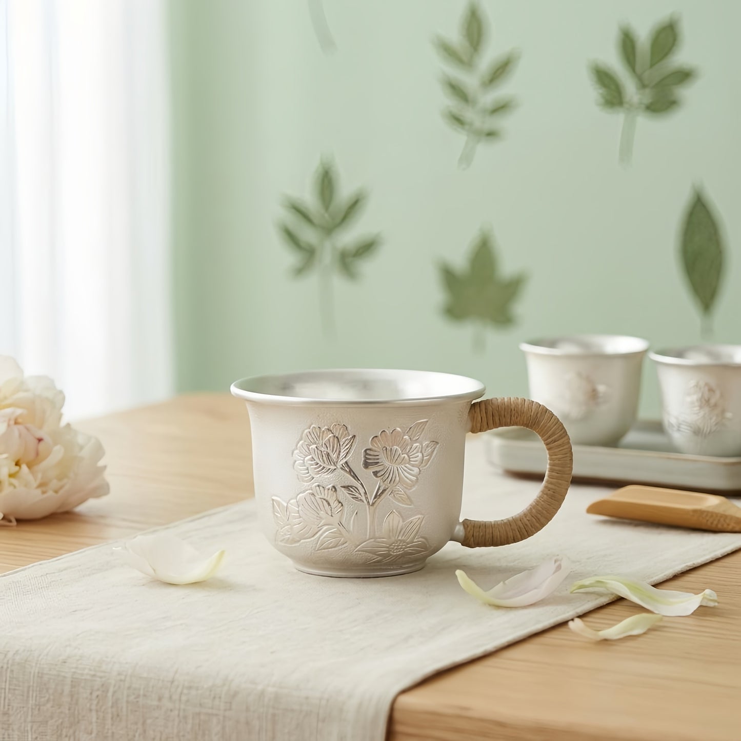 Pure 999 Fine Silver Elegant Silver Floral Relief Tea Cup with Artisan Woven Handle - Handicraft