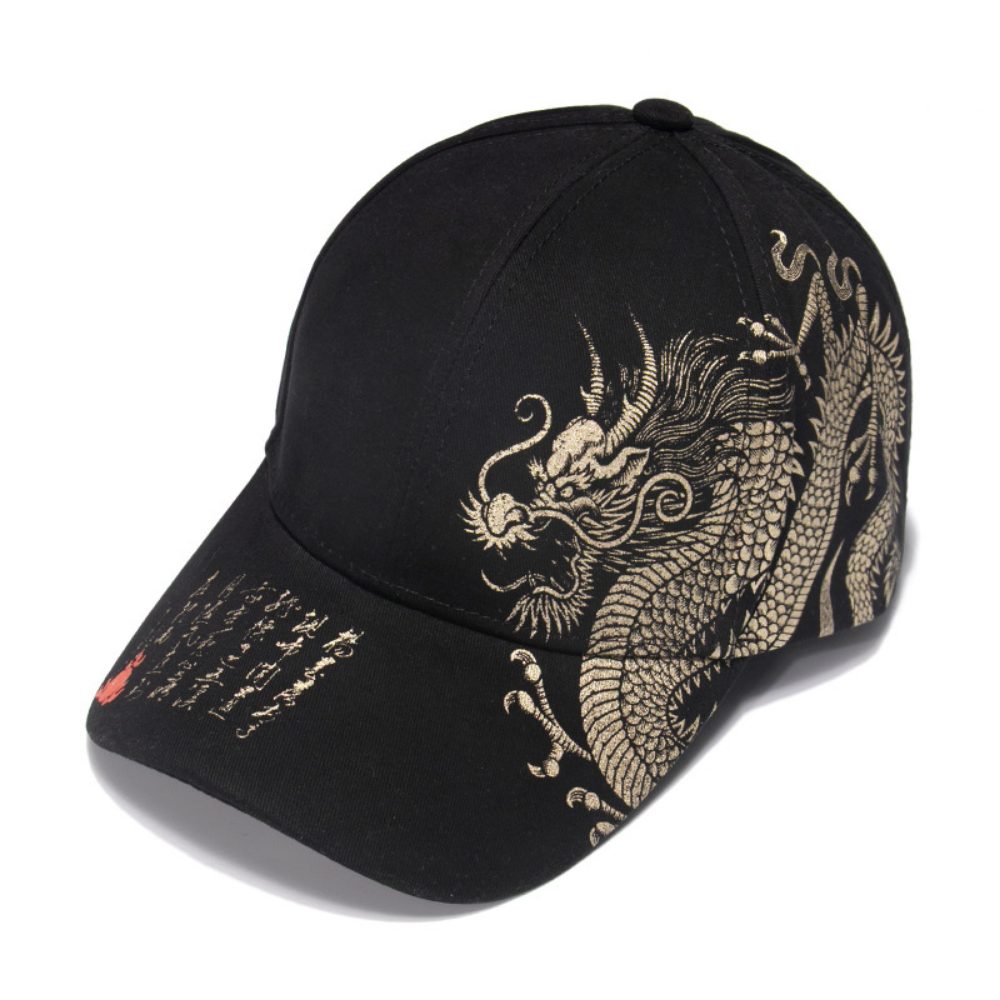 Men's And Women's Matching Dragon Pattern Embroidered Gold Lettering Printed Street Style Baseball Cap, Suitable For Outdoor Outings, Photography And Daily Use