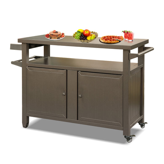Grill Carts Outdoor Storage Cabinet With Wheels, Metal Outdoor Grill Table Kitchen Dining Table Cooking Prep BBQ Table For Patio, Kitchen Island, Home Party, Bar  Brown