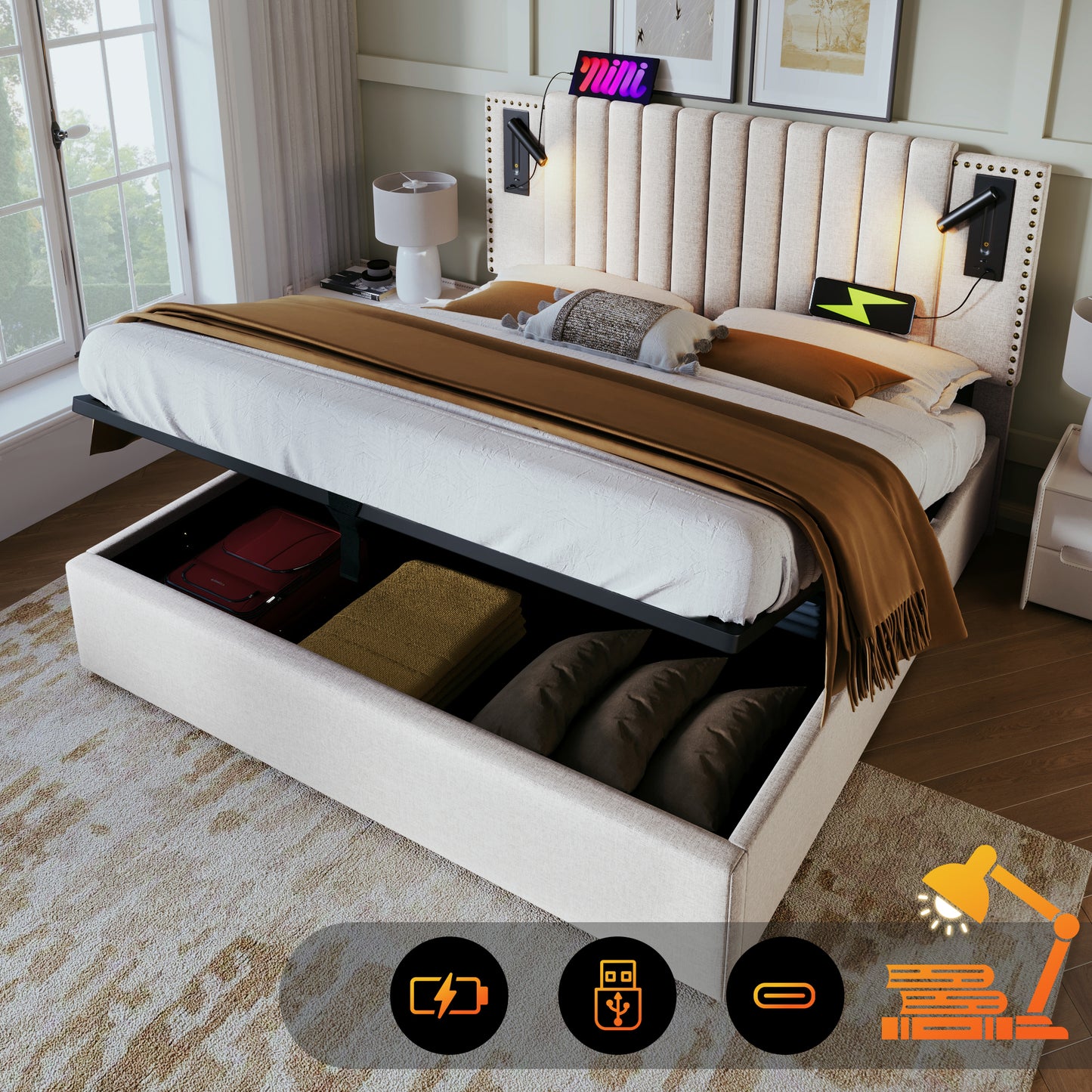 Upholstered Bed 180x200,double Bed Storage Storage Bed Drawer,reading Light With USB Charging Function Headboard,backrest With Rivet Design,bed With Slatted Base And Bed Box, Cotton, Beige