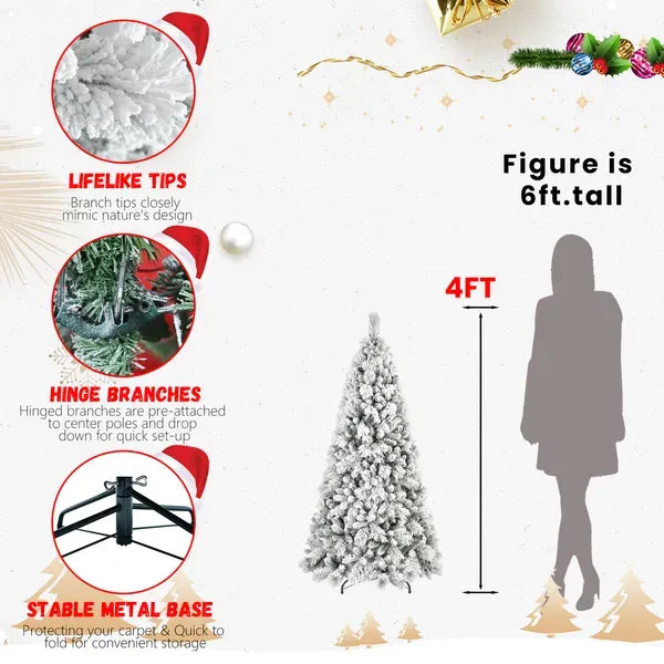 Artificial 4ft Flock Christmas Tree With 350PVC/Hard Needle Mixed Branch Tips,Hinged Premium & Foldable Base For Indoor Holiday Decorating