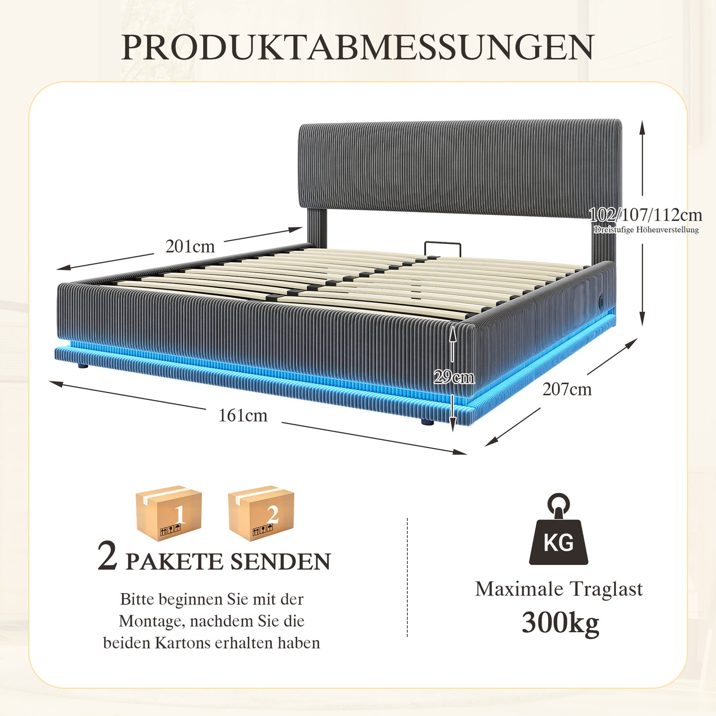 Modern Upholstered Beds With LED Lighting And USB-C Charging Function, Height-adjustable Headboard, Corduroy Fabric, Sturdy Slatted Frame, Large Underblanket Storage Space And Comfortable Upholstered