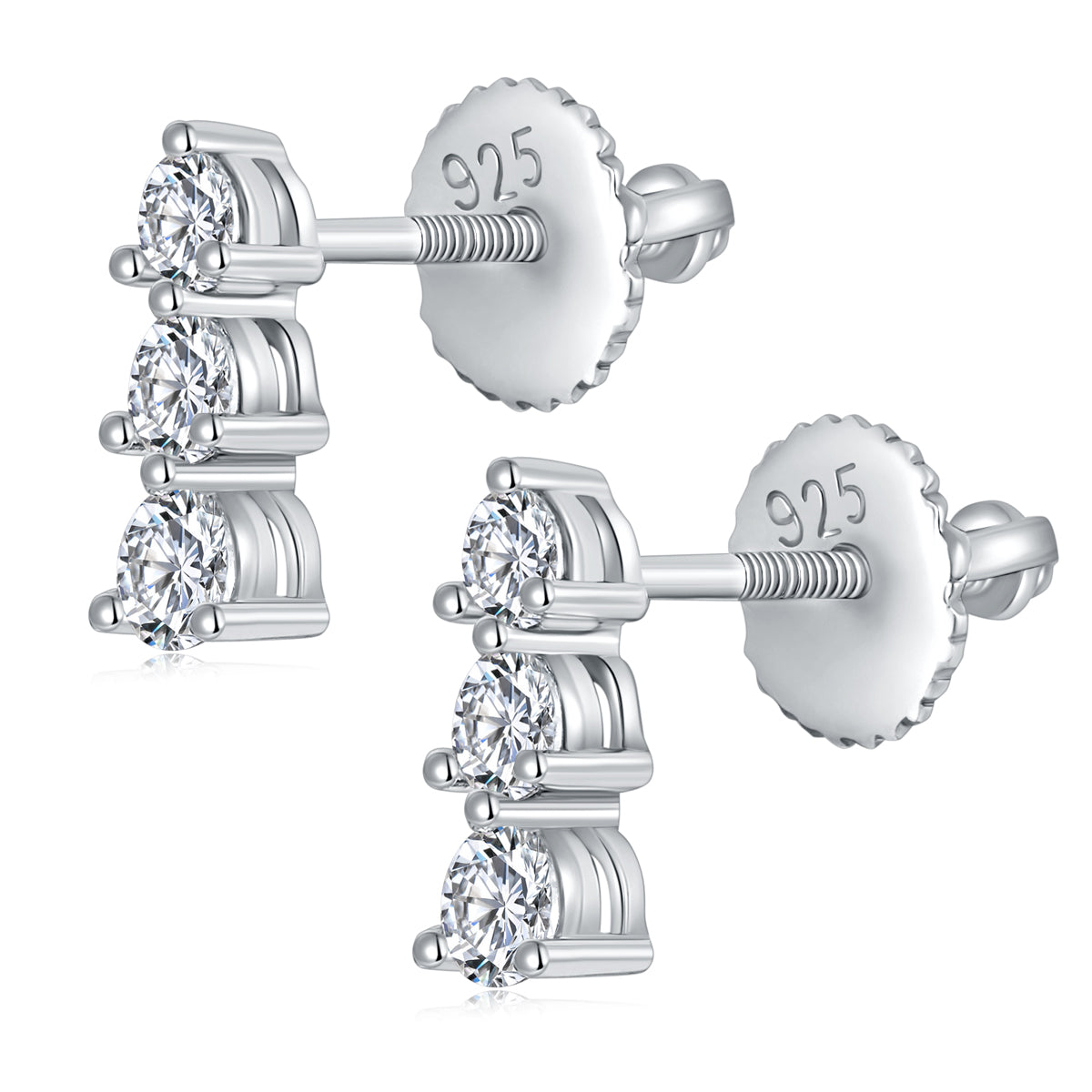 S925 Sterling Silver Moissanite 3 Stone Earrings  Round Cut Screw Back Studs With GRA Certificate Platinum Plated Vertical Drop Jewelry Gift Box Set For Women