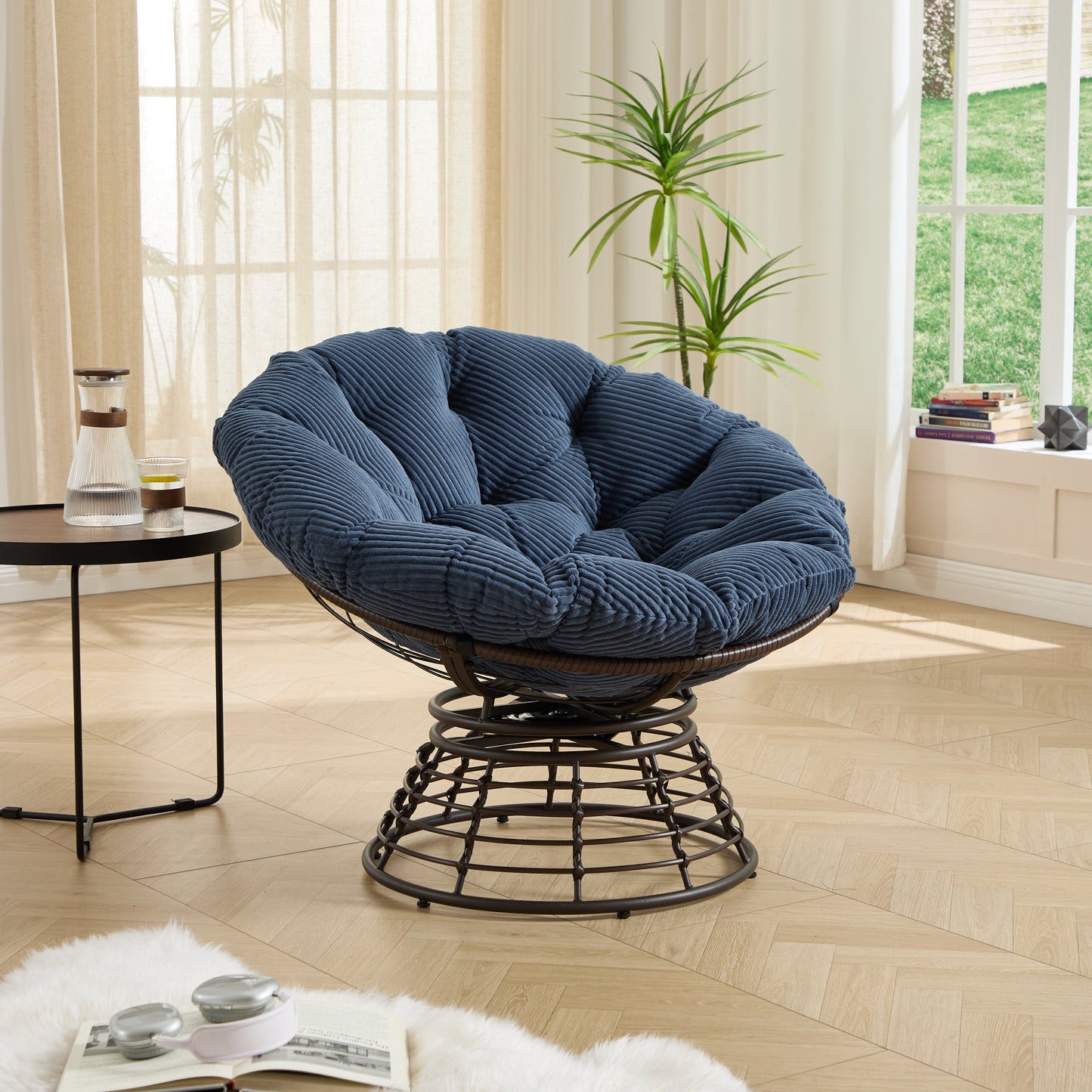 Comfortable Ergonomic Wicker Papasan Chair, 360 Swivel Indoor Outdoor Rattan Chair With Soft Thick Cushion, Ideal For Living Room, Bedroom, Reading Room, Brown Frame With Navy Blue Cushion  Comforta