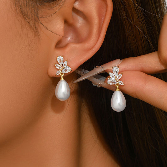 Cross-border European American Women Earrings, Geometric Forest Leaf Design Stud Earrings Inlaid Cubic Zirconia & Faux Pearl, Versatile Daily Ear Accessories For Ladies