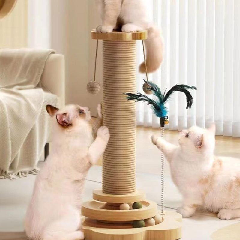 Pet Cat Toy Solid Wood Cat Turntable Funny Cat Stick Balls Durable Sisal Scratch