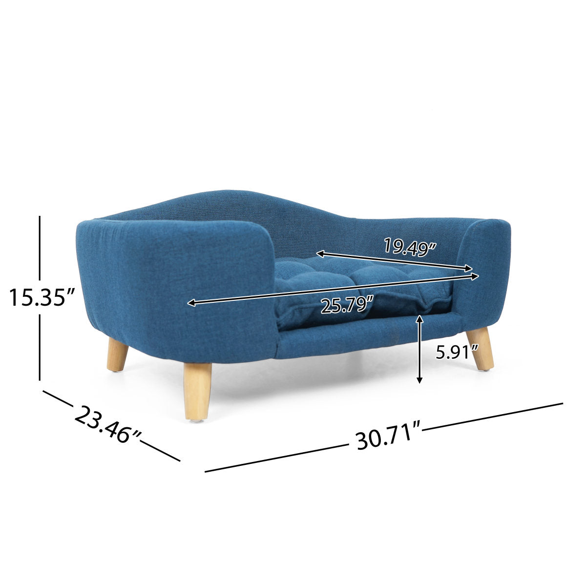 Elevated Dog Bed Frame for Small Dog, Fabric Pet Couch Bed with Rubber Wood Legs and Supportive Foam, Navy Blue, Easy Assembly