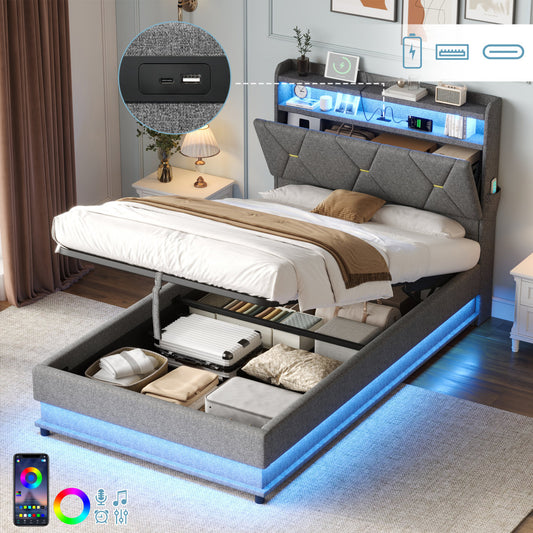 3ft Single Upholstered Bed Frame With Hydraulic Storage,  LED Headboard With Charging Station And Concealed Headboard Storage, USB And Type - C Ports, Linen, No Box Spring Needed, Grey   No Mattress