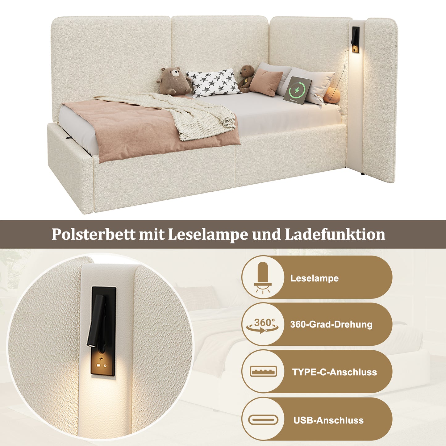 Daybed 90x200 Cm With Hydraulic Storage, Upholstered Bed, Daybed, Sofa Bed With USB Charging Port And Reading Lamp, Beige, Boucle