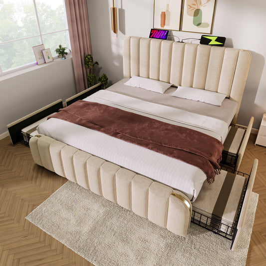 Upholstered Bed Double, Upholstered Headboard With Golden Decorative Stripes And USB Type C Charging Function 180x200 Cm, Beige Linen Material With 4 Drawers, Load Capacity 226 Kg Without Mattress