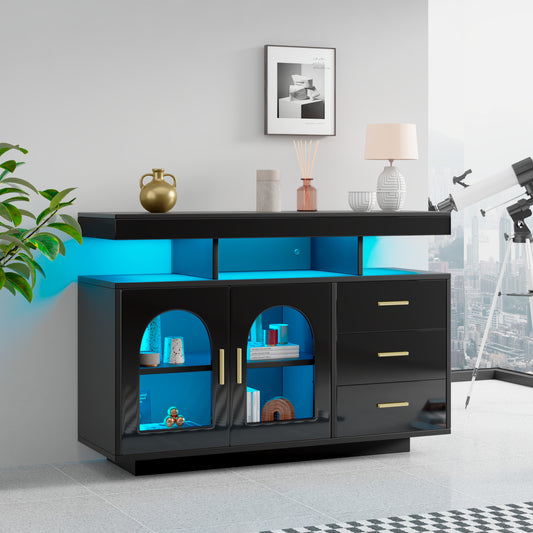 323704705BAA LED Sideboard Buffet Cabinet, 120cm Coffee Bar Cabinet, Drawer Cabinet, Living Room Sideboard, High Gloss Kitchen Cabinet With 16 Color Lights For Dining Room  Black