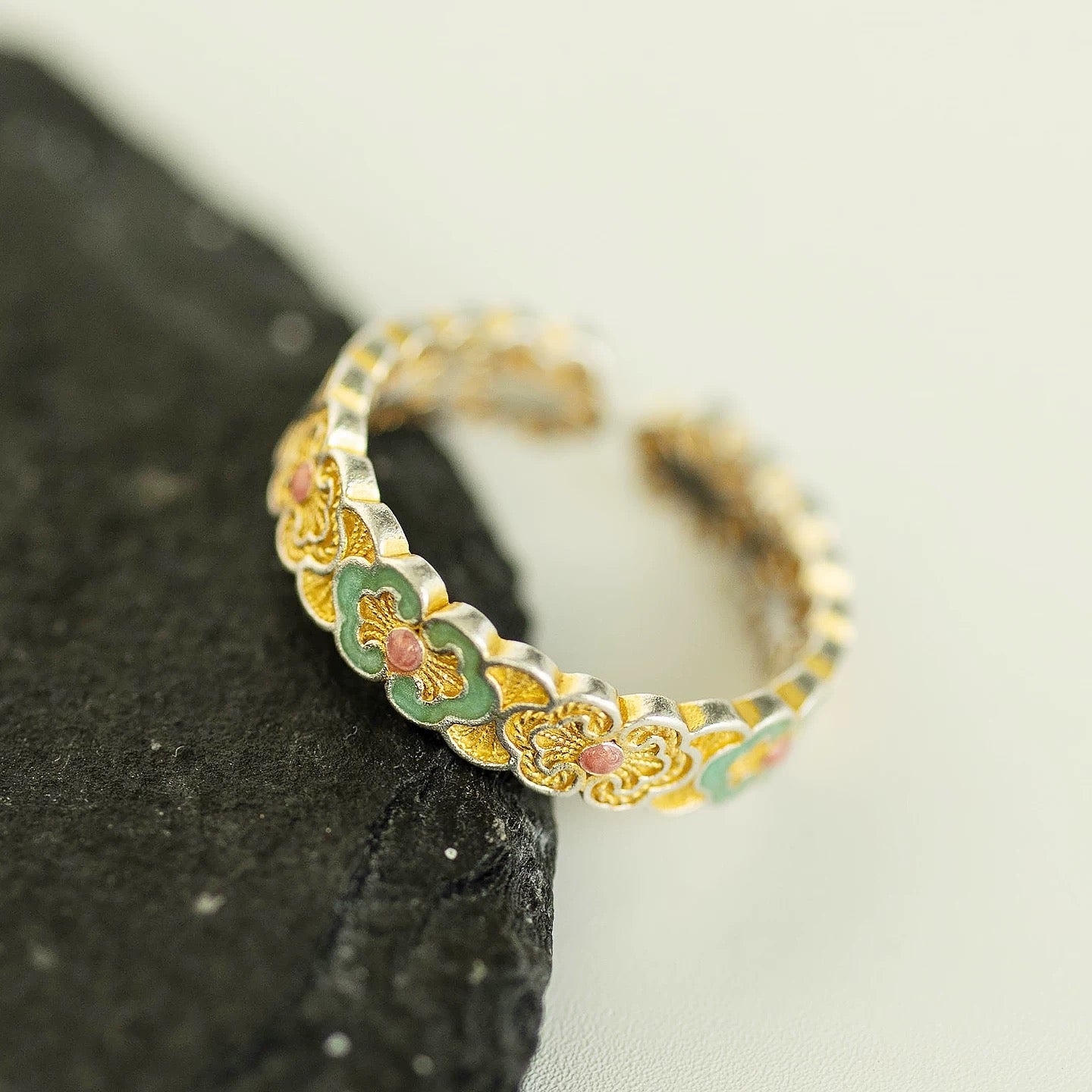 1pc 999 Sterling Silver Filigree Enamel Clover Open Ring, Retro Chinese Style, Perfect For Daily Wear And Holiday Gift