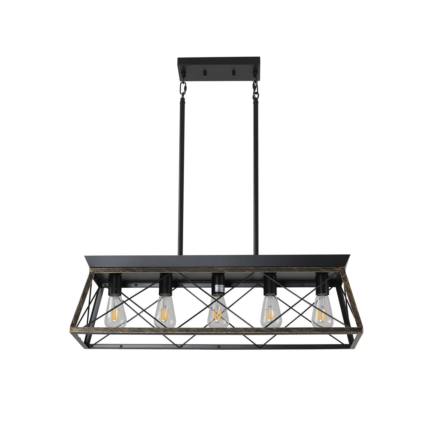 32in  Black Gold Industrial 5-Light Pendant Chandelier, Modern Metal Cage Design, Adjustable Hanging Light For Dining Room, Kitchen, Living Room  No Bulbs