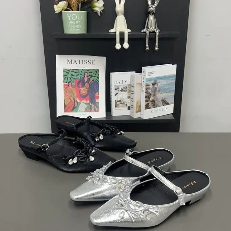 Women's Silver Hidden Wedge Closed Toe Mules, Outdoor Wear, 2025 New Spring & Summer Mary Janes With Bow