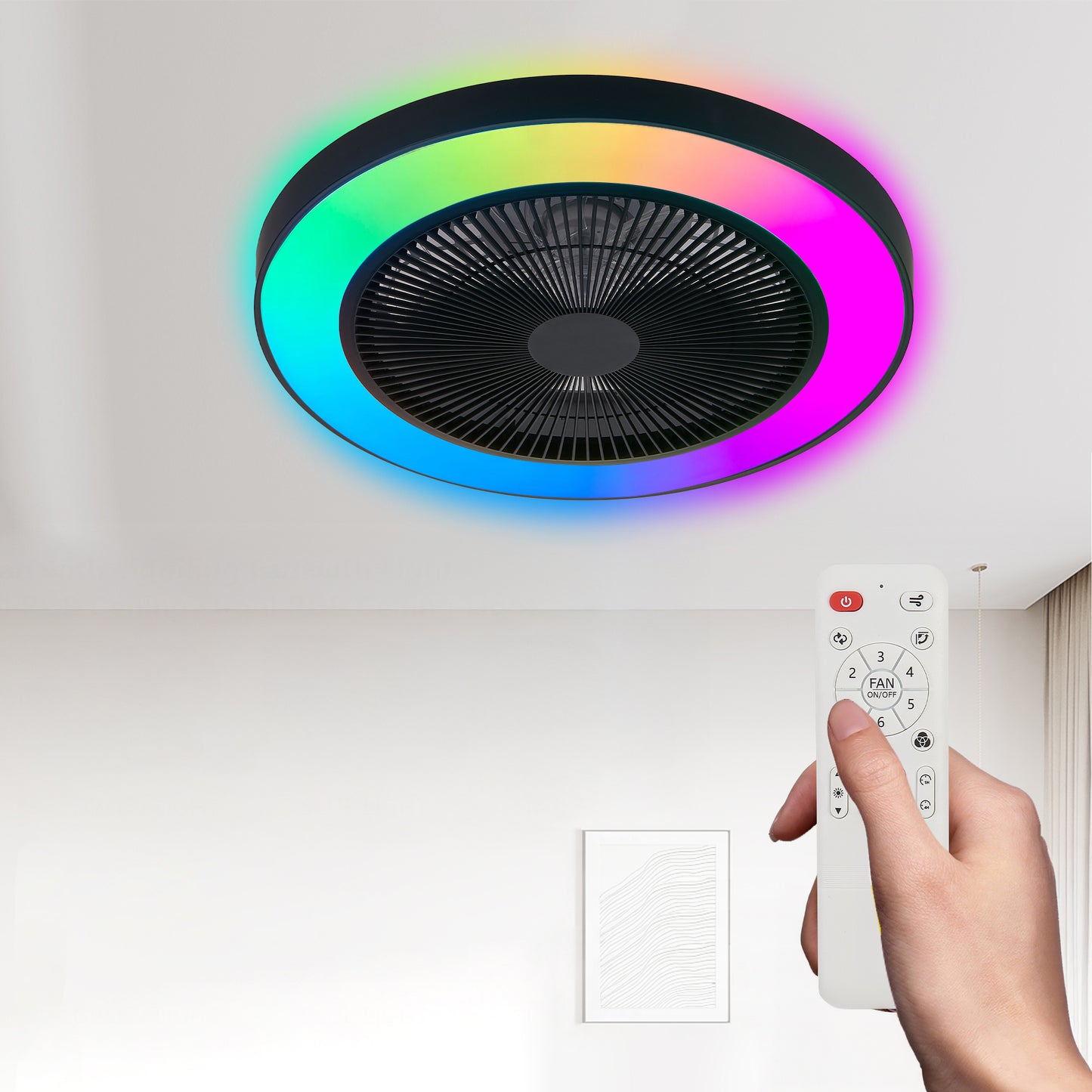 19-inch Black Ceiling Fan Light With LED RGB  Dimmable  Color-Changing, APP  Remote Control, Modern Smart Ceiling Fan For Living Room, Bedroom, And Dining Room Silent 6-Speed Reversible DC Motor