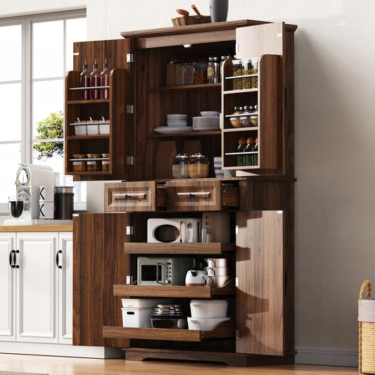 K&K 71   Tall Kitchen Pantry Cabinet With 3 Pull Out Cabinet Organizers, Farmhouse Embossed Texture Storage Cabinet With 6 Door Shelves, 2 Drawers, Freestanding Cupboard For Kitchen, Dining Room Brown