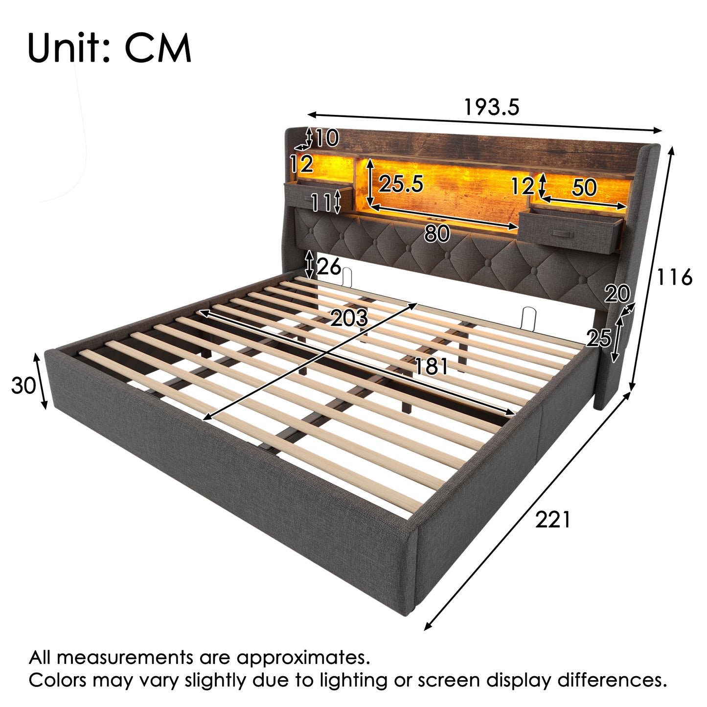 Upholstered Bed 180x200 Cm With Hydraulic Storage Space & LED Headboard, 4 Charging Stations  USB Type-C , Double Bed Incl. Slatted Frame, Grey Linen Fabric  Without Mattress