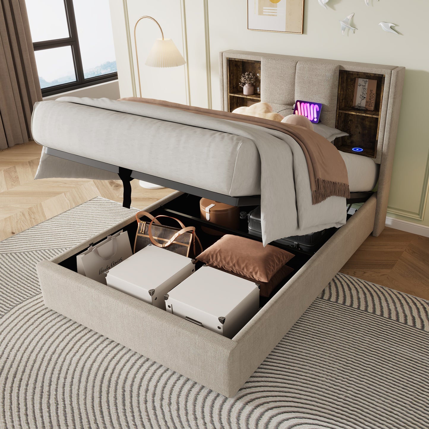 Single Bed With Wireless Charging USB C, Upholstered Bed Frame 90x200cm, Bed Frame With Storage Slatted Base In Wood-Natural Linen  Without Mattress