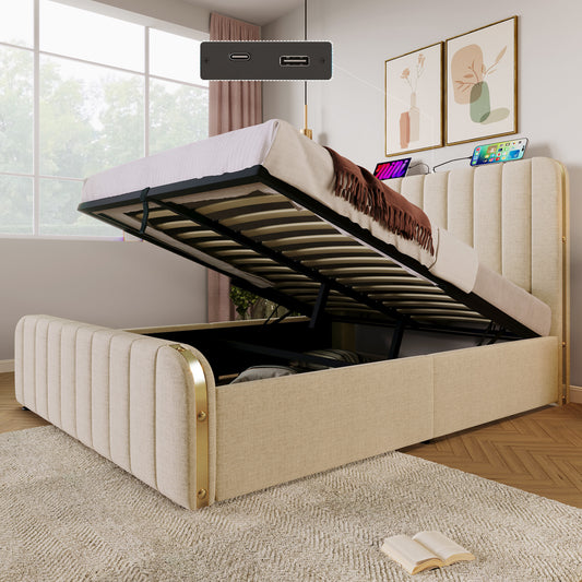 Upholstered Bed Double, Upholstered Headboard With Golden Decorative Stripes And USB Type-C Charging Function 140x190 Cm, Beige Linen Material Hydraulic Camp Bed, Load Capacity 181 Kg  Without Mattres