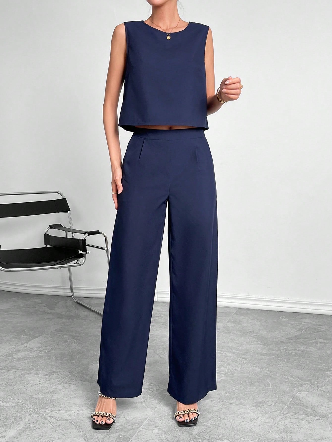 Women's Sleeveless Round Neck Crop Top & Wide Leg Pants Two Piece Set - Casual Solid Color Office Wear Outfit
