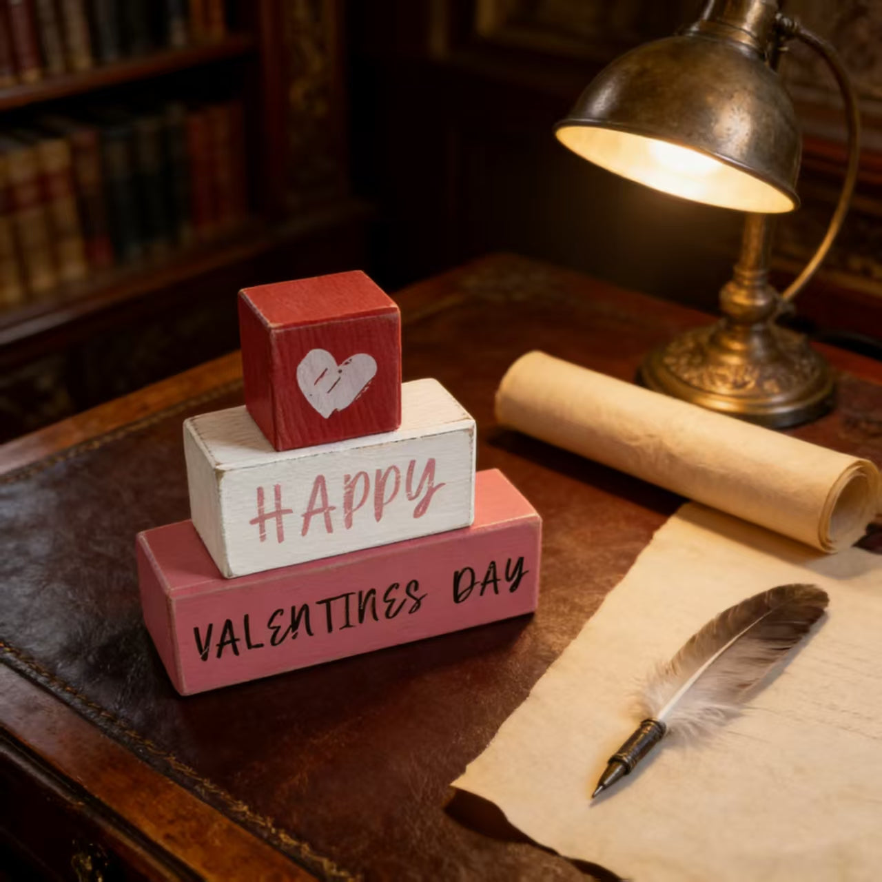 Valentine's Day Wooden Block Sign, Romantic Table Decor With Heart Pattern, Wedding Anniversary Photo Prop