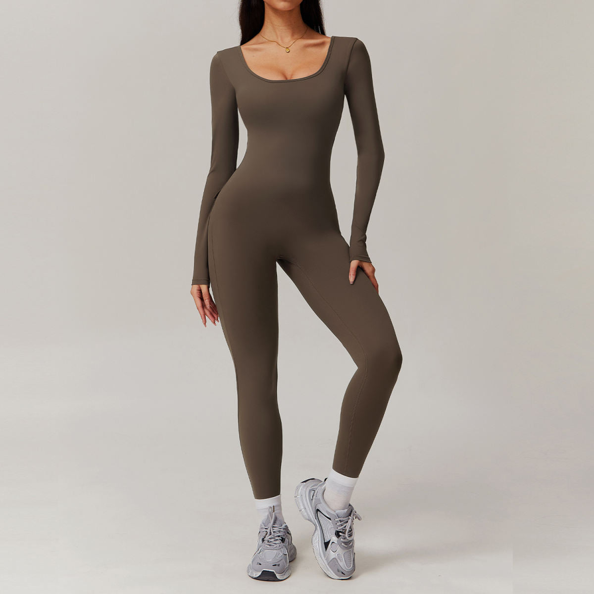 Women's Solid Color Back Nude Feel Long Sleeve Yoga Jumpsuit