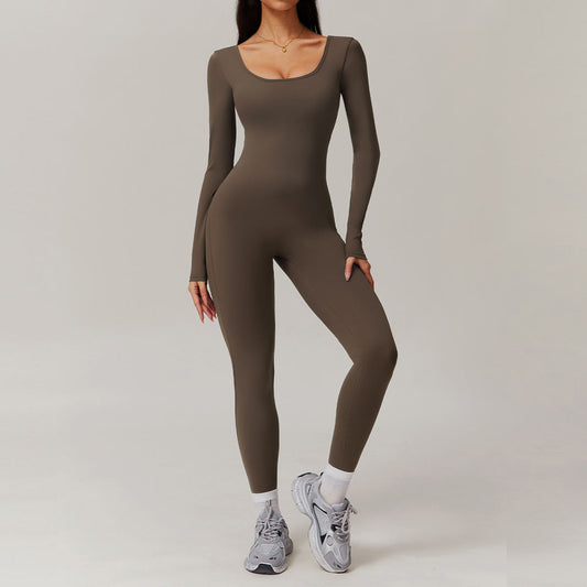 Women's Solid Color Back Nude Feel Long Sleeve Yoga Jumpsuit