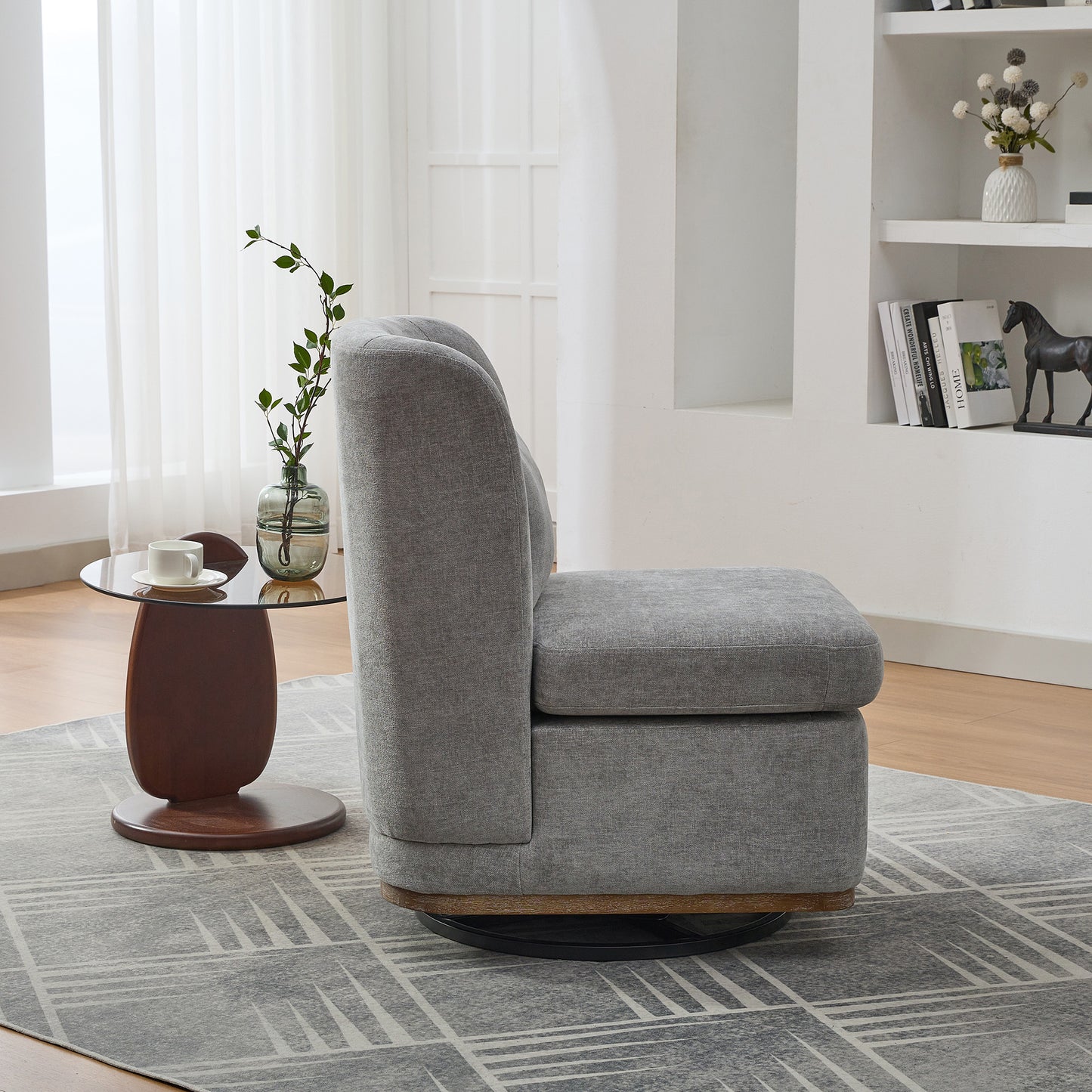25.2  Wide Modern Chenille Cushioned Armless Metal Base 360 Swivel Chair With Pillow, Suitable For Living Room, Family Room, Bedroom, Lounge Area, Office.  Grey