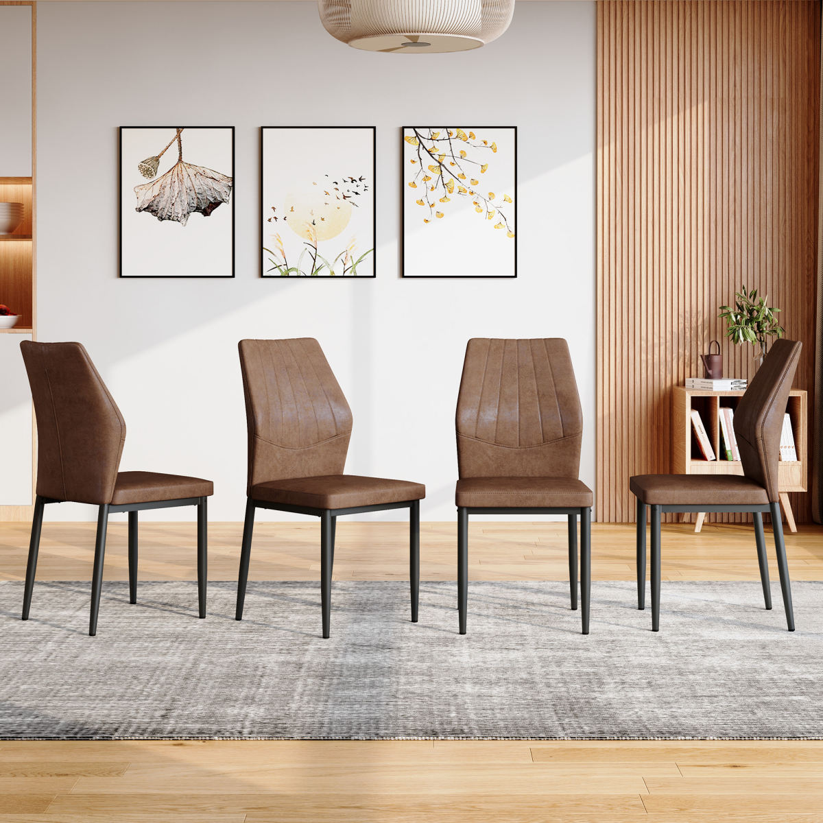 Set Of 4 Brown - And - Black Dining Chairs With Shell - Pattern, 37 Inches High Ergonomic Tech Fabric Backrest, Combines Comfort And Style