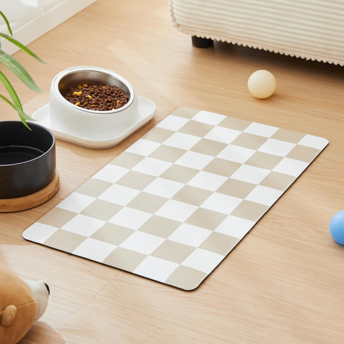 Dog Feeding Mat, Absorbent Mats For Dog Food And Water Bowl, Dispenser, Retro Aesthetic Khaki Beige Checkerboard Pet Placemat For Dogs, Cats, Puppy