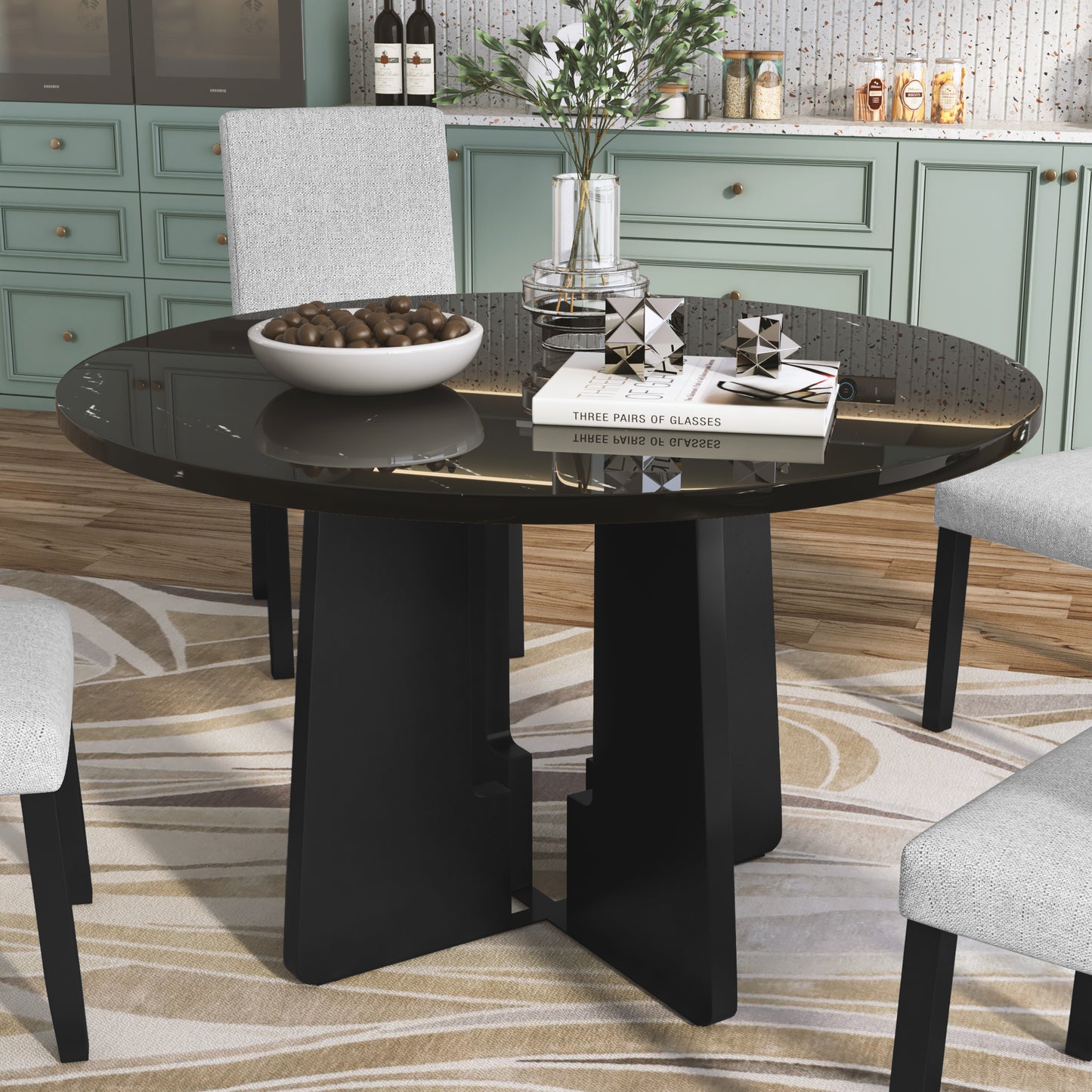 Round Dining Table For 4, 43-Inch Faux Marble Top, Mid-Century Modern Round Dining Table For Cafes, Restaurants, Bars, Home Offices And Conference Rooms  Black