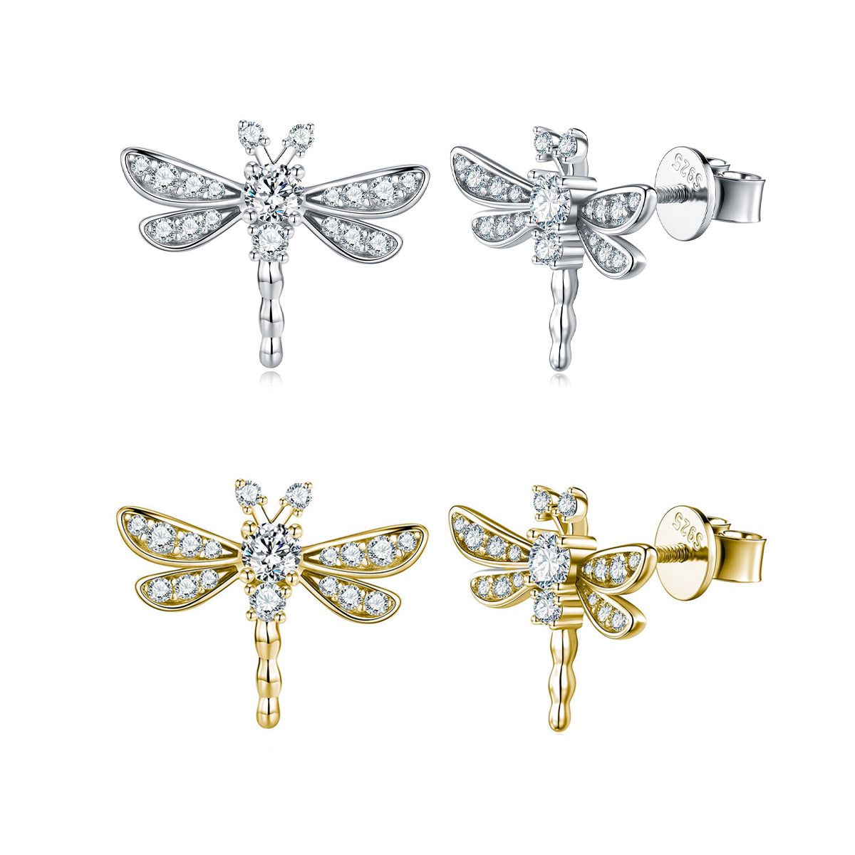 S925 Sterling Silver Dragonfly Stud Earrings, D-VVS1 Moissanite, Platinum Plated 3g, Women's Jewelry Gift Box Set