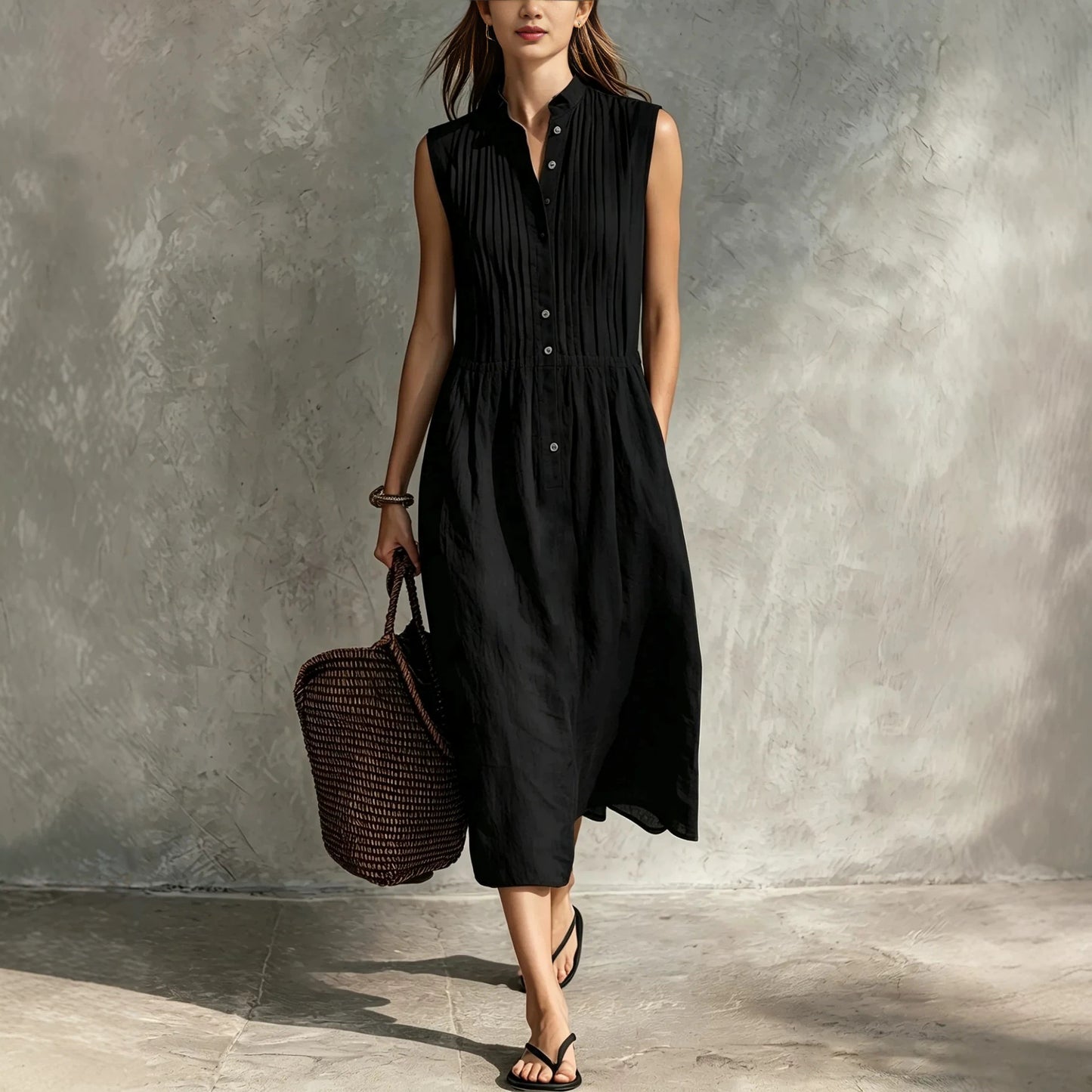 Womens Fashion Simple And Elegant Sleeveless Single-breasted Dress