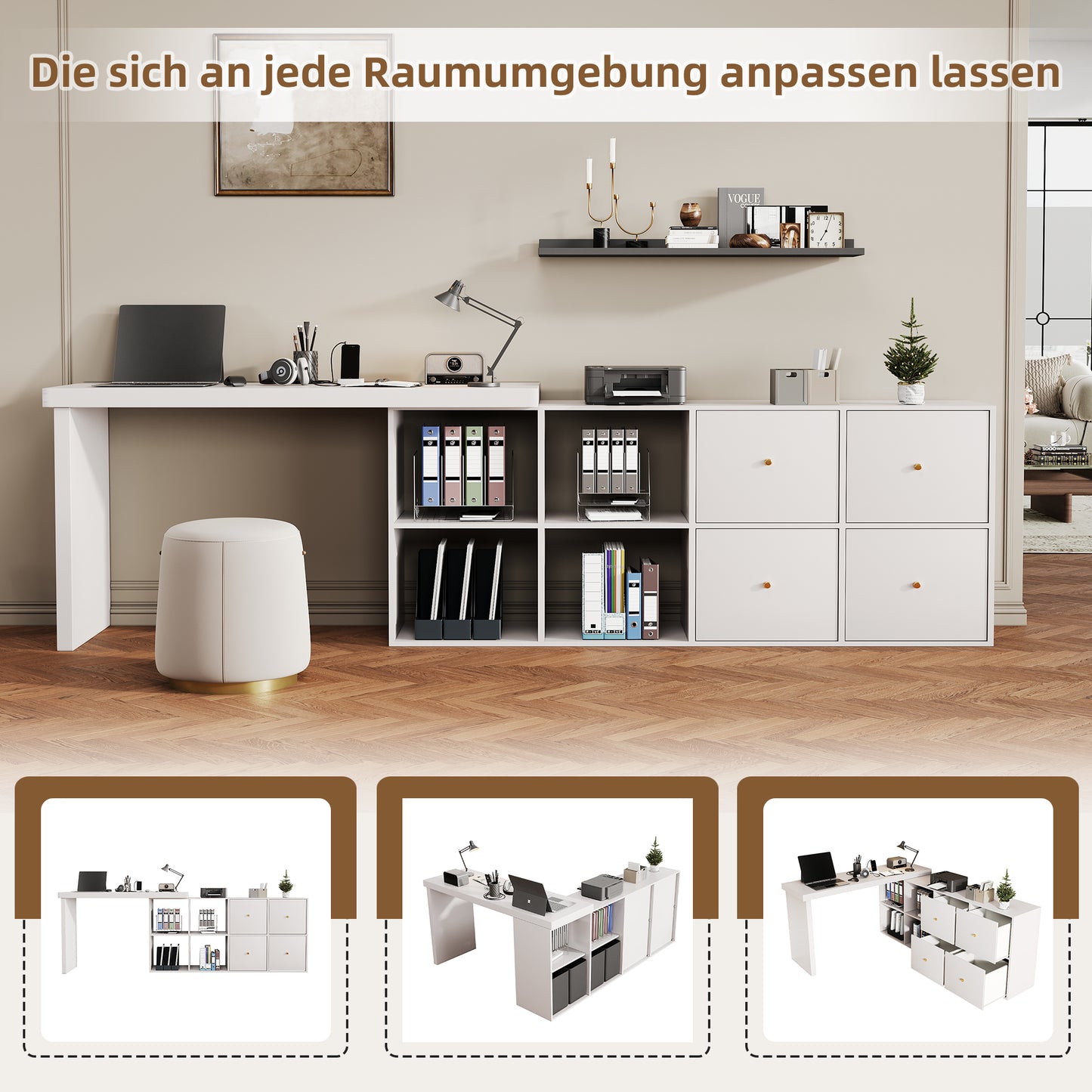 N880P3123534W Corner Table, Table Top 360degree Swivel-L-shaped Or Straight, MDF, Table Top And Legs 4 Cm Reinforced, With 4 Compartments, 4 Drawers, White, Flexible Positioning, Desk