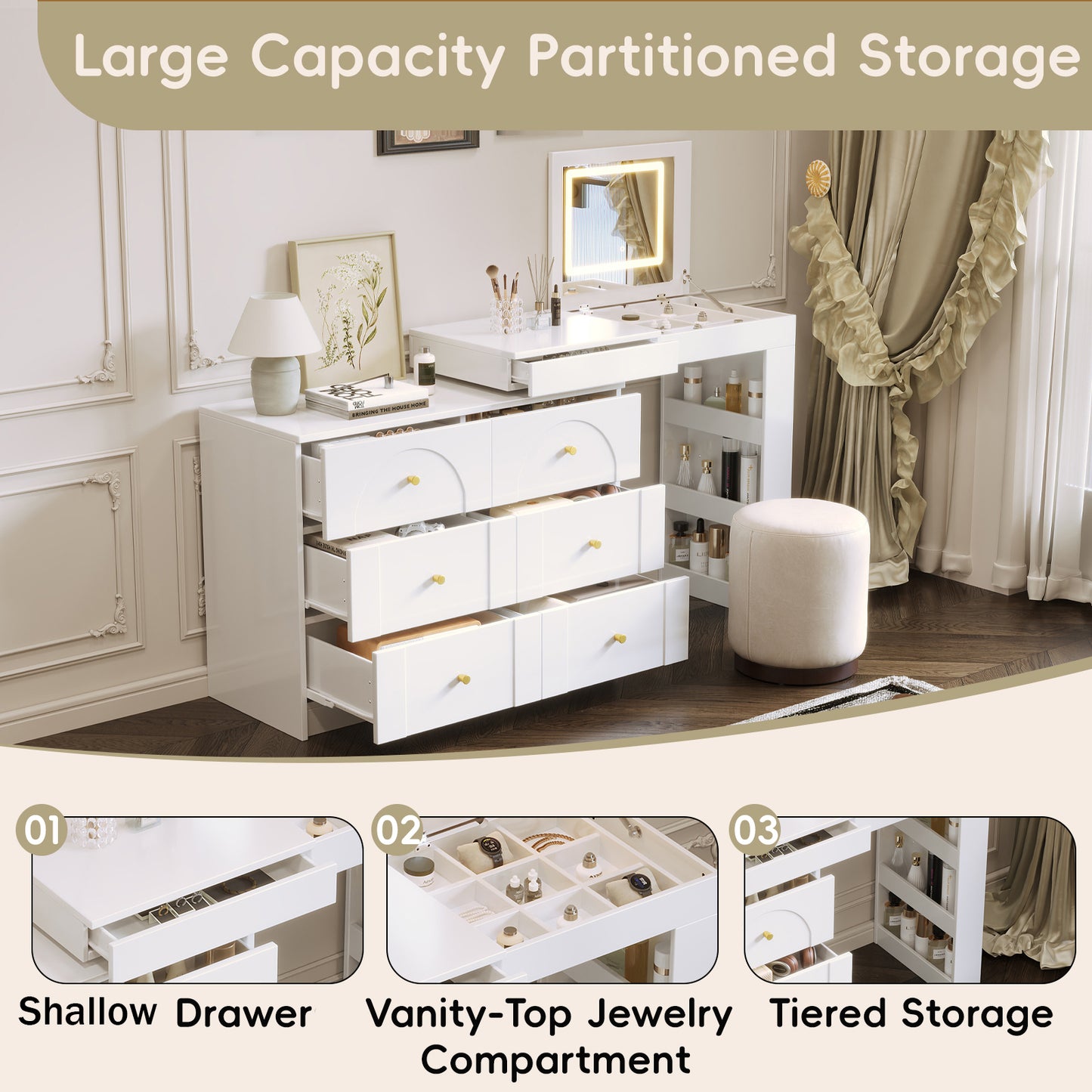 Vanity Desk With Mirror And Lights, Makeup Vanity Table With Flip-Top Tabletop And Storage 7 Drawers, 9 Compartments, 3 Shelves, 3 Color Modes Adjustable Makeup Table For Bedroom,White