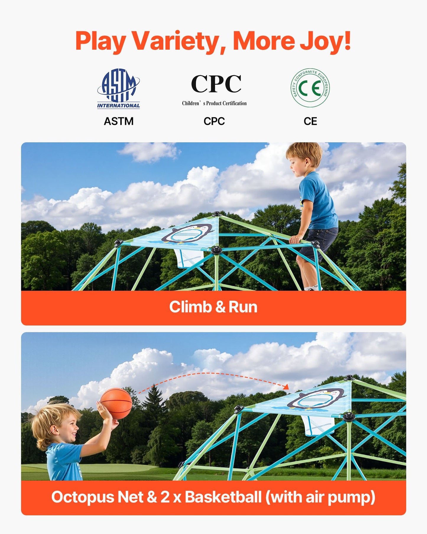 Climbing Dome, 10FT Geometric Dome Climber For Kids, 1000LBS Loading Jungle Gym Playground With Octopus Net & 2 Basketballs, Easy-Assembly Outdoor Backyard Climbing Toys - Gift For Boys Girls
