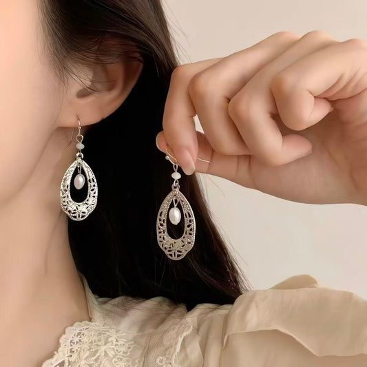 1 Pair 999 Sterling Silver Hollow Teardrop Natural Pearl Earrings, Retro French Style, Perfect For Daily Wear & Valentine's Gifts