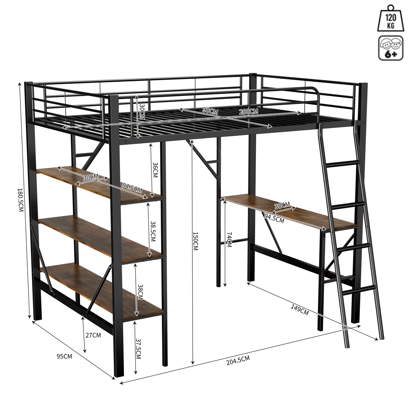 90x200cm Bed Frame Metal Bed, Iron Bed, Loft Bed With Desk And Three Large Shelves For Children, Teenagers And Adults, 90x200 Cm, Black