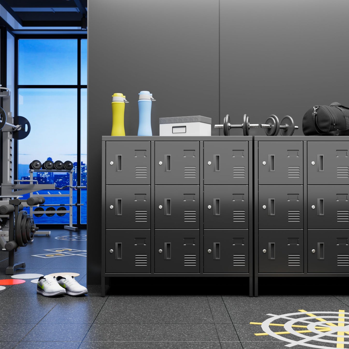 SUPEER Metal Lockers For Employees With 9 Doors,Lockable Metal Locker With Keys And Card Slot,Office Storage Locker For School Gym Home,15.79inch D X 35.51inch W X 37.8inch H,Black,Assembly Required