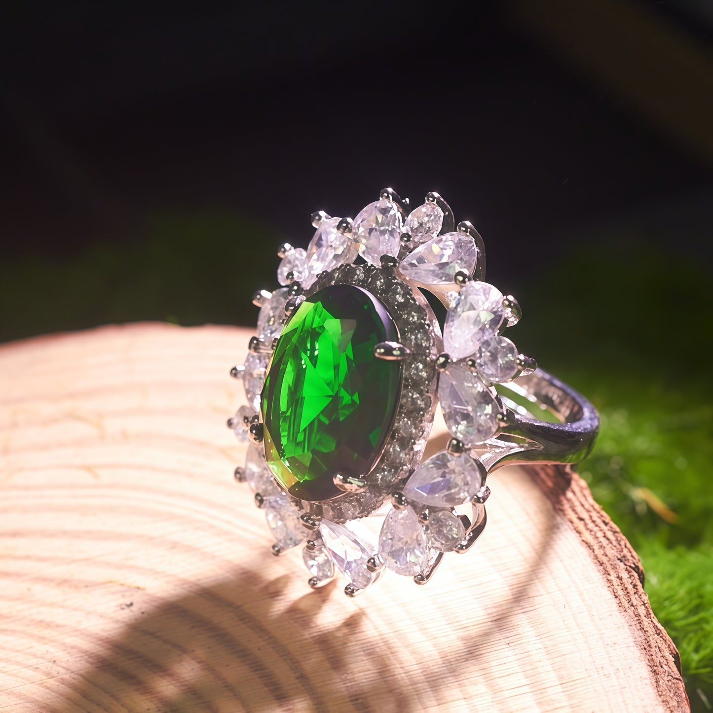 Oval Large Green Emerald CZ Multi-Petal Floral Halo Open Adjustable Statement Ring For Women, Copper Silver Plated Pear White Crystal Luxury Banquet Wedding Jewelry Gift