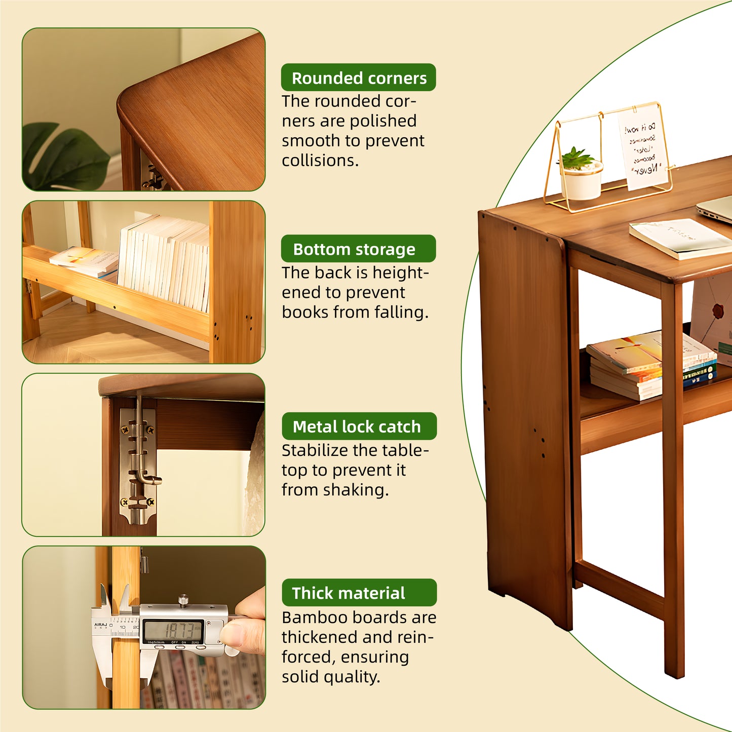 Bamboo Folding Desk, Space-Saving Computer Desk For Small Spaces, Foldable Study Table For Bedroom, Home Office, Dorm, Apartment, Natural Color