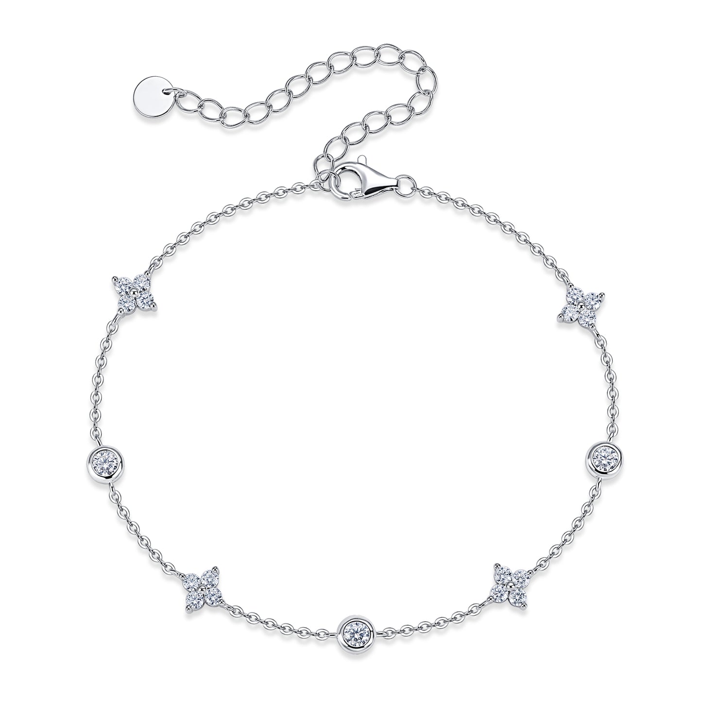 S925 Sterling Silver Moissanite Station Bracelet, D-VVS1 Adjustable  Chain, Platinum Plated 2.5g Women's Jewelry Gift Box Set
