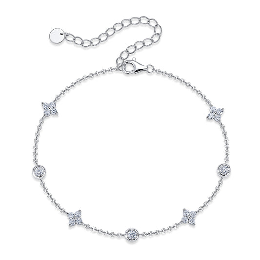 S925 Sterling Silver Moissanite Station Bracelet, D-VVS1 Adjustable  Chain, Platinum Plated 2.5g Women's Jewelry Gift Box Set