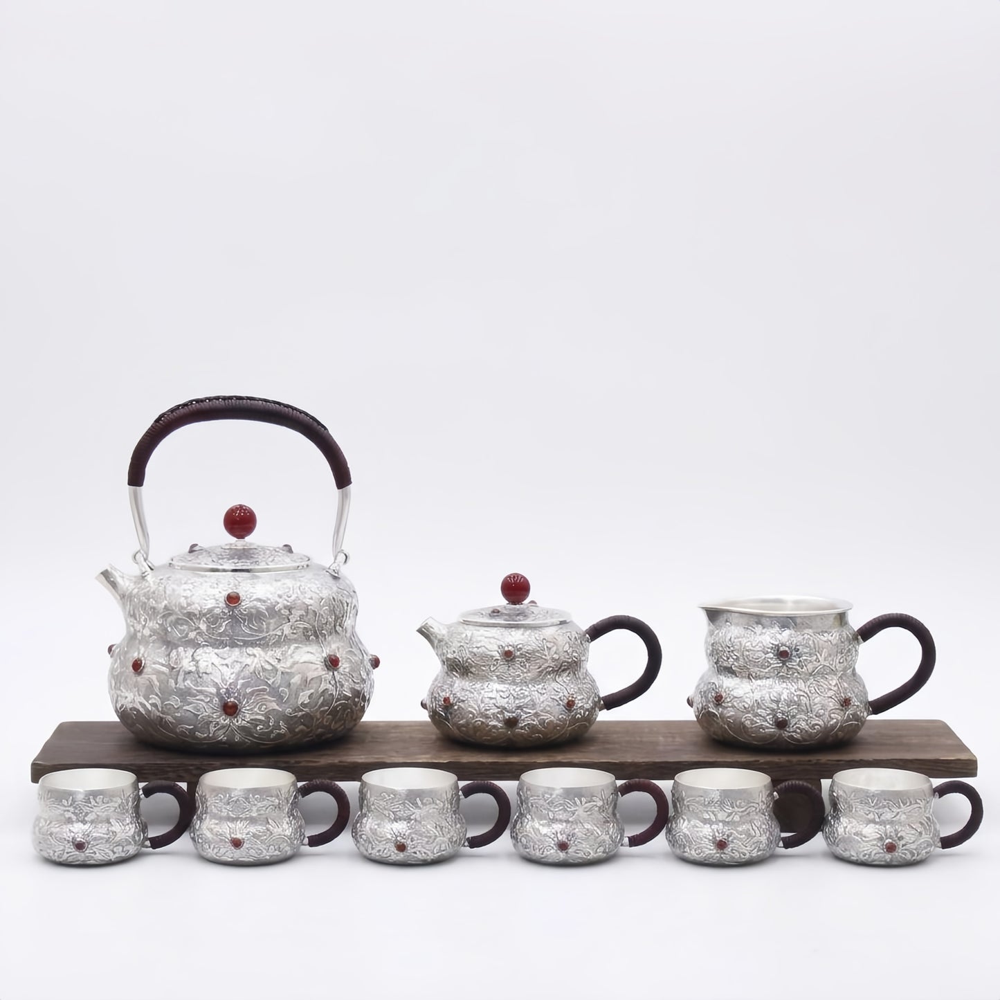 925 Sterling Silver Antique  Tea Set with Floral Engraving and Red Accents - Handicraft