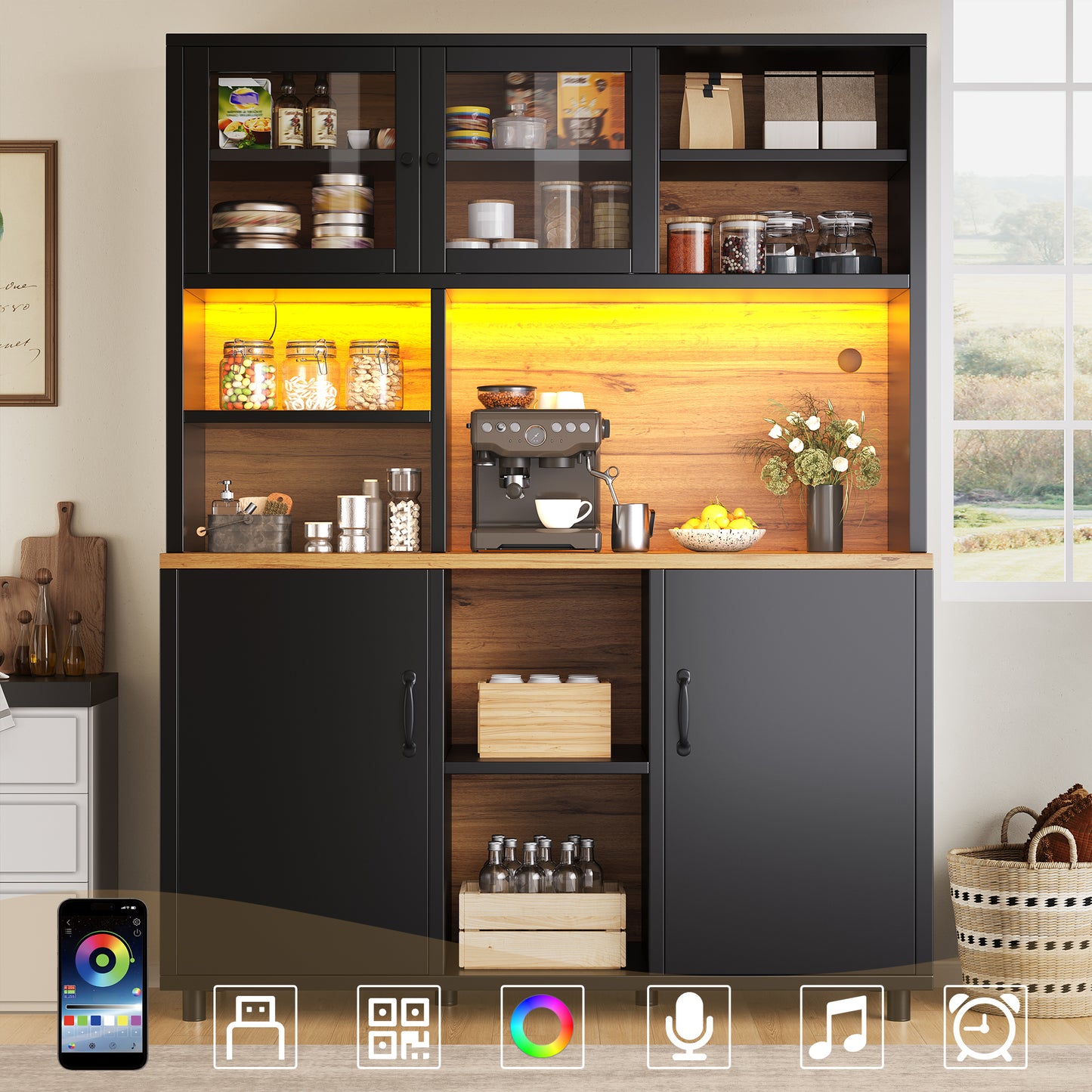 Tall Cabinets For The Living Room, Kitchen Cabinet, Dining Room Cabinet, Cabinets With LED Lighting, Cabinet Door With Snack Shelf, Retro Style, Black